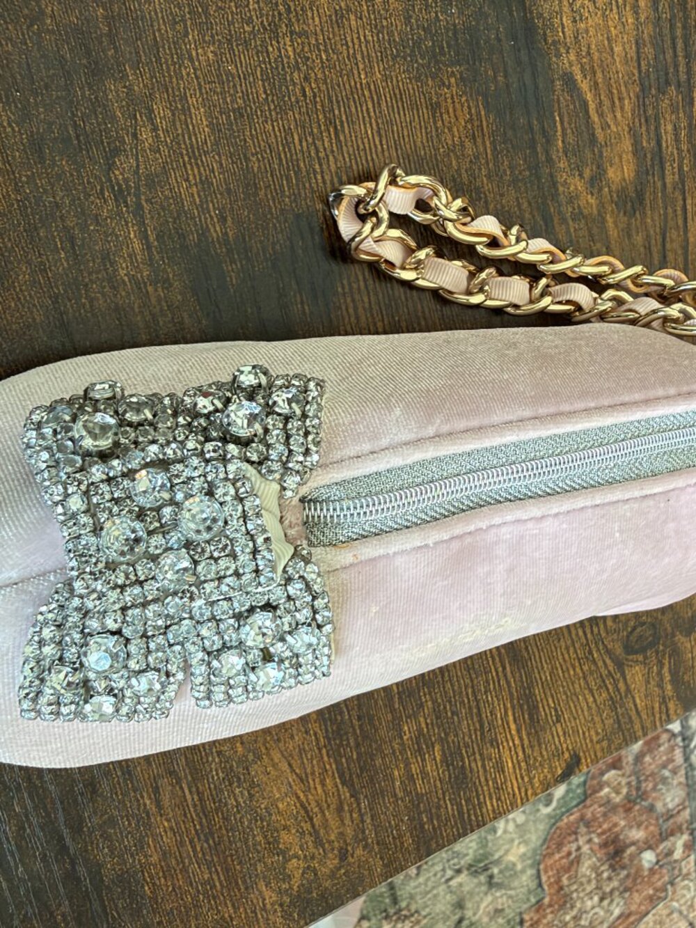 Betsey Johnson Ballet Slipper Rhinestone Bow Chain Wristlet Blush Pink